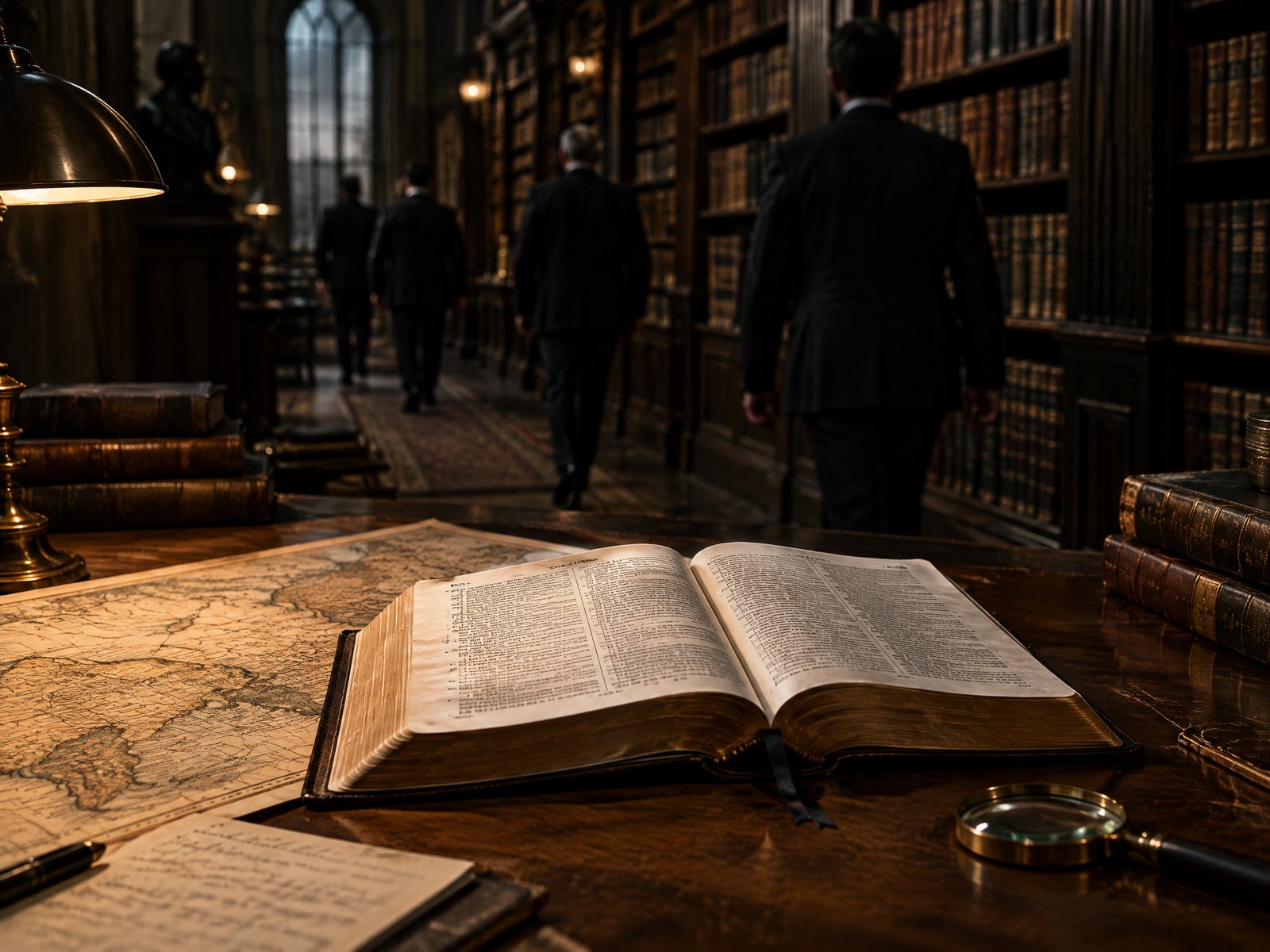Open Bible and historical map in a private archive