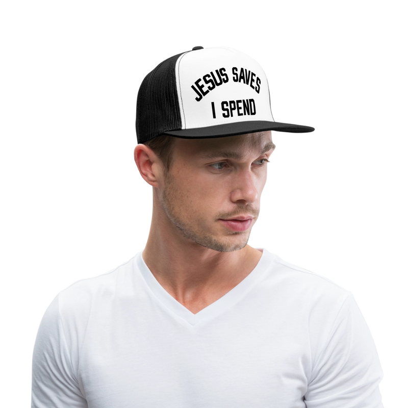 Jesus Saves I Spend Trucker Hat - white/black