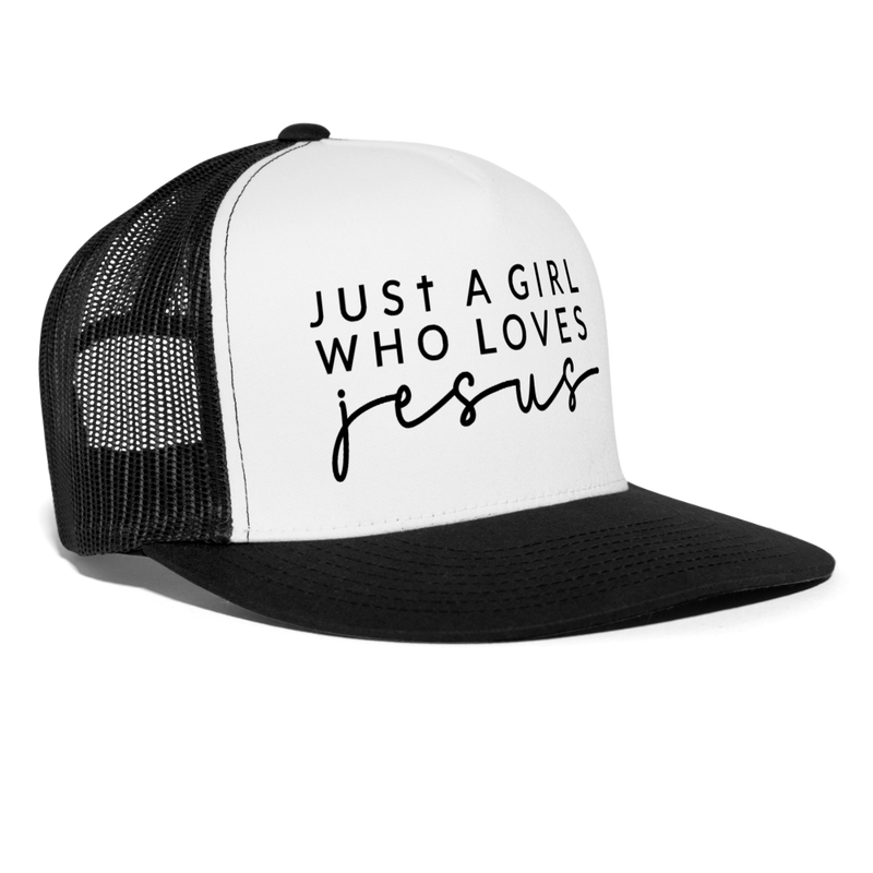 Just a Girl Who Loves Jesus Trucker Hat - white/black