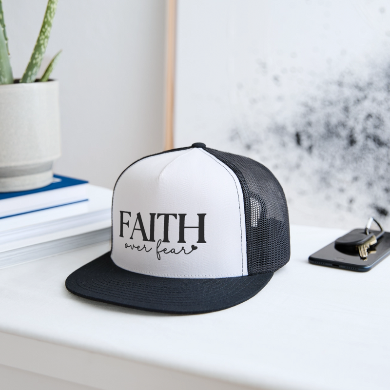 Faith Over Fear Christian Trucker Hat - white/black
