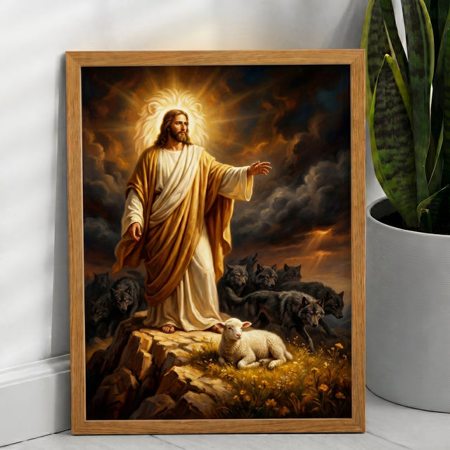 Jesus Protecting the Lamb Among Wolves Framed Canvas