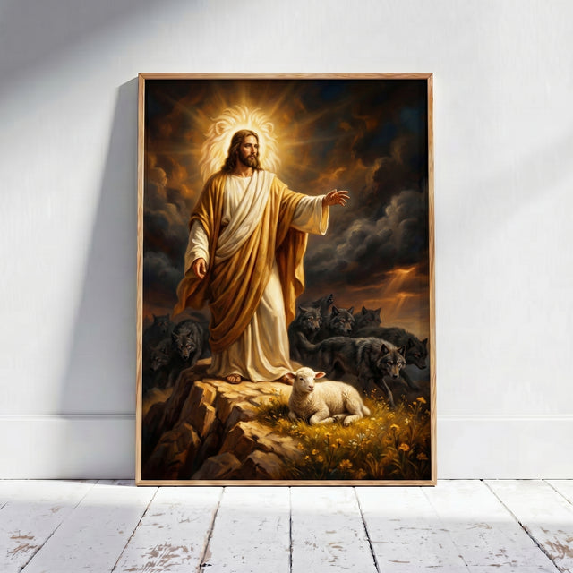Jesus Protecting the Lamb Among Wolves Framed Canvas