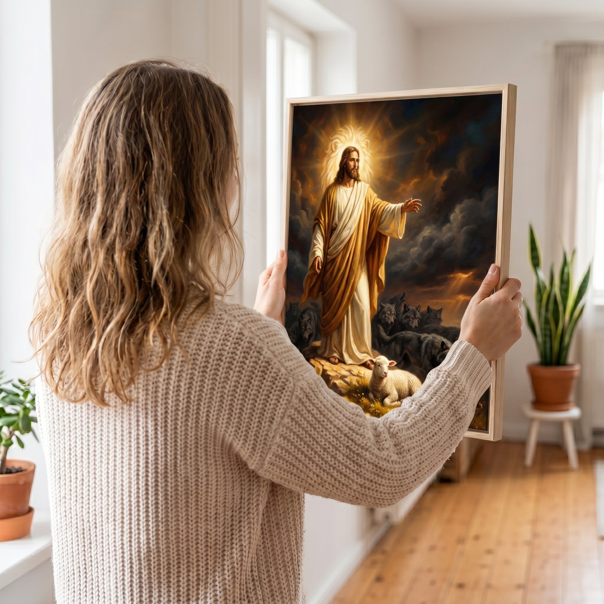 Jesus Protecting the Lamb Among Wolves Framed Canvas