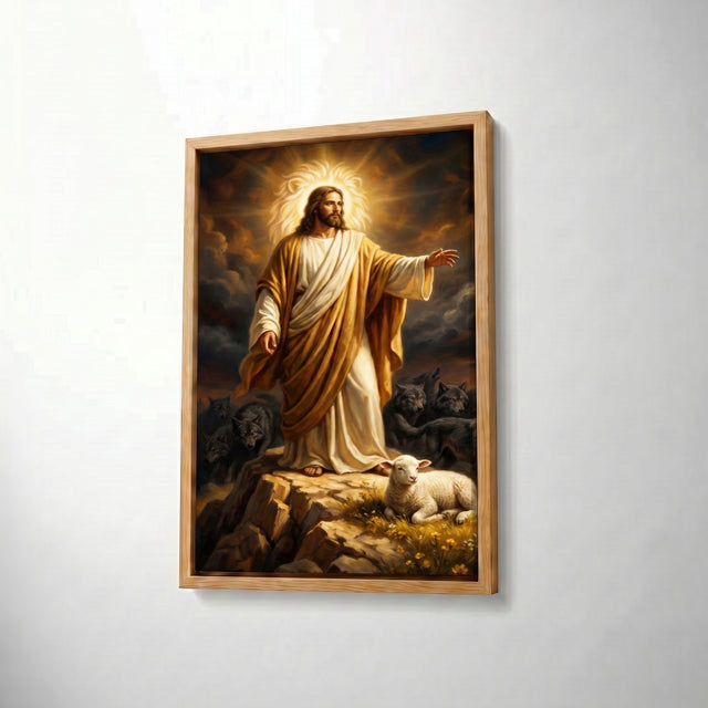 Jesus Protecting the Lamb Among Wolves Framed Canvas