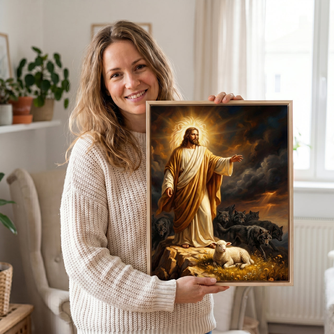 Jesus Protecting the Lamb Among Wolves Framed Canvas