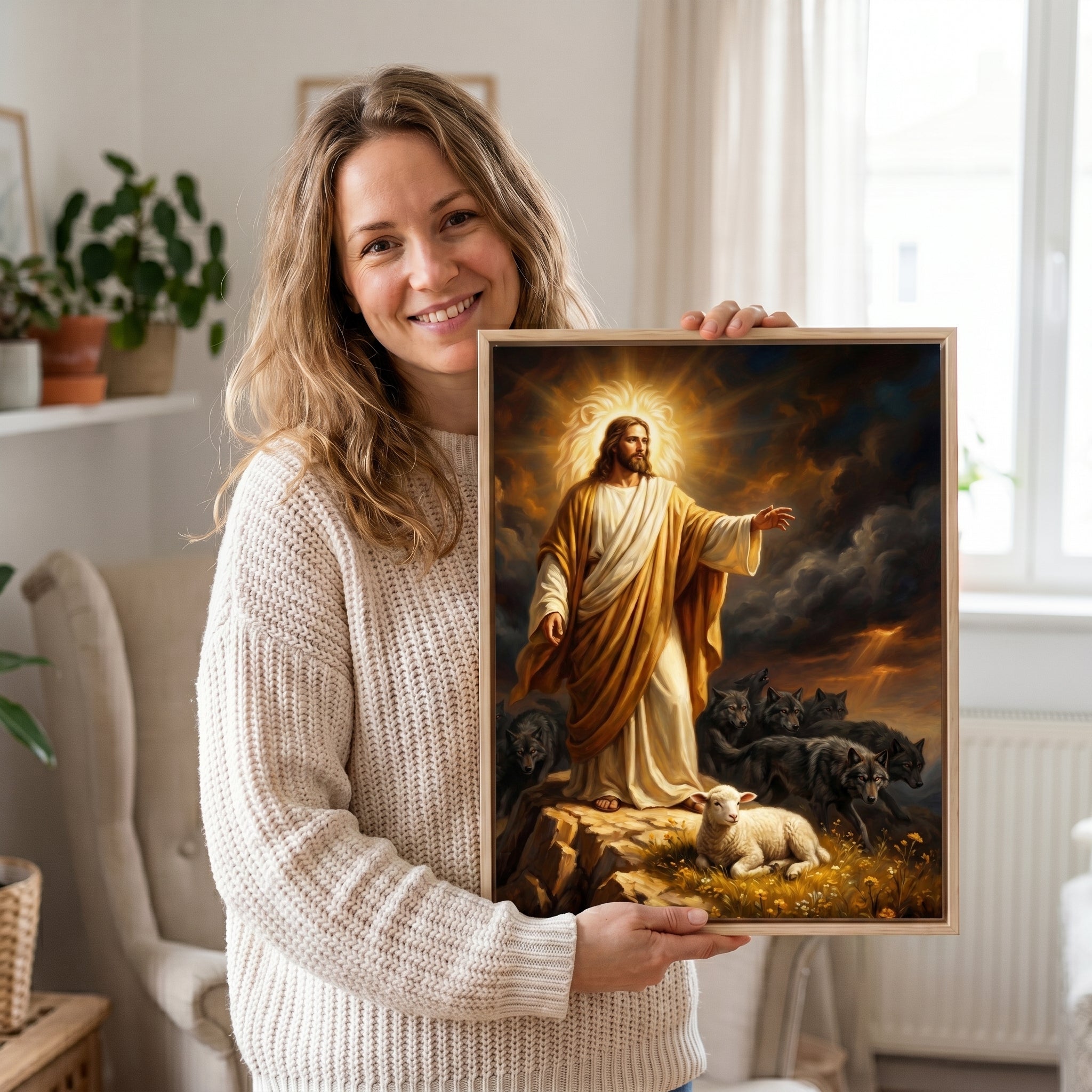 Jesus Protecting the Lamb Among Wolves Framed Canvas