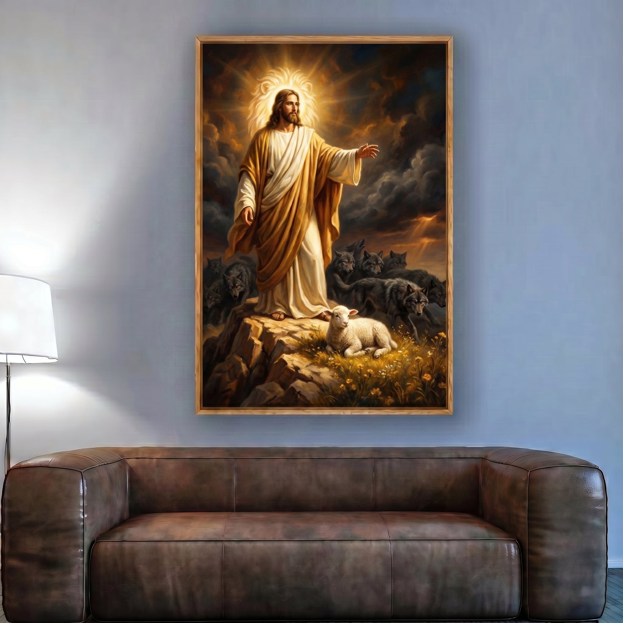 Jesus Protecting the Lamb Among Wolves Framed Canvas
