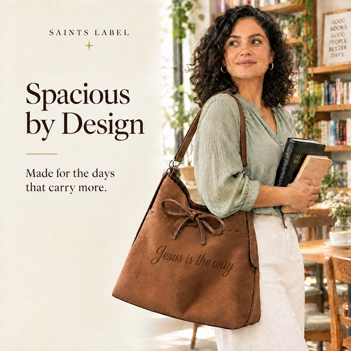 Woman carrying the centered-message Way Everyday Handbag
