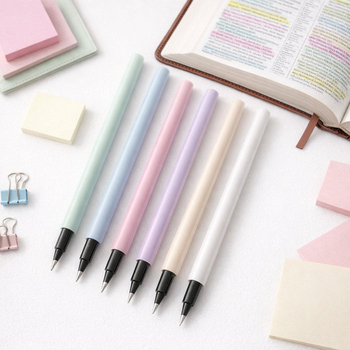 Highlighter Pen Pack - 6 pastel gel pens fanned out next to an open highlighted Bible
