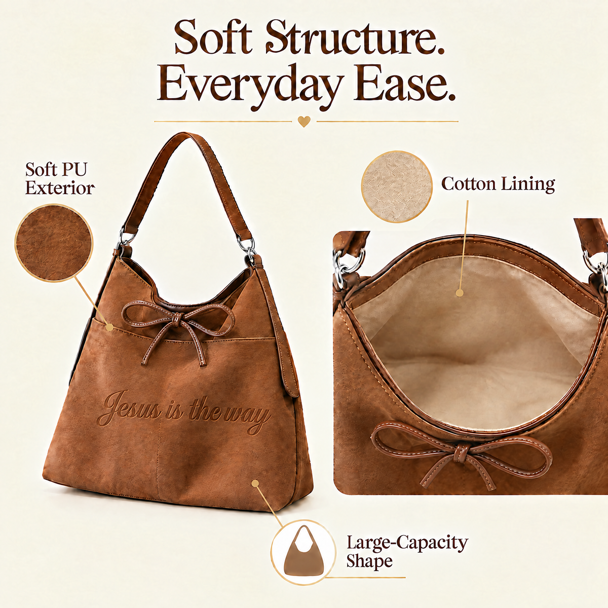 Soft PU handbag with cotton lining and centered faith message