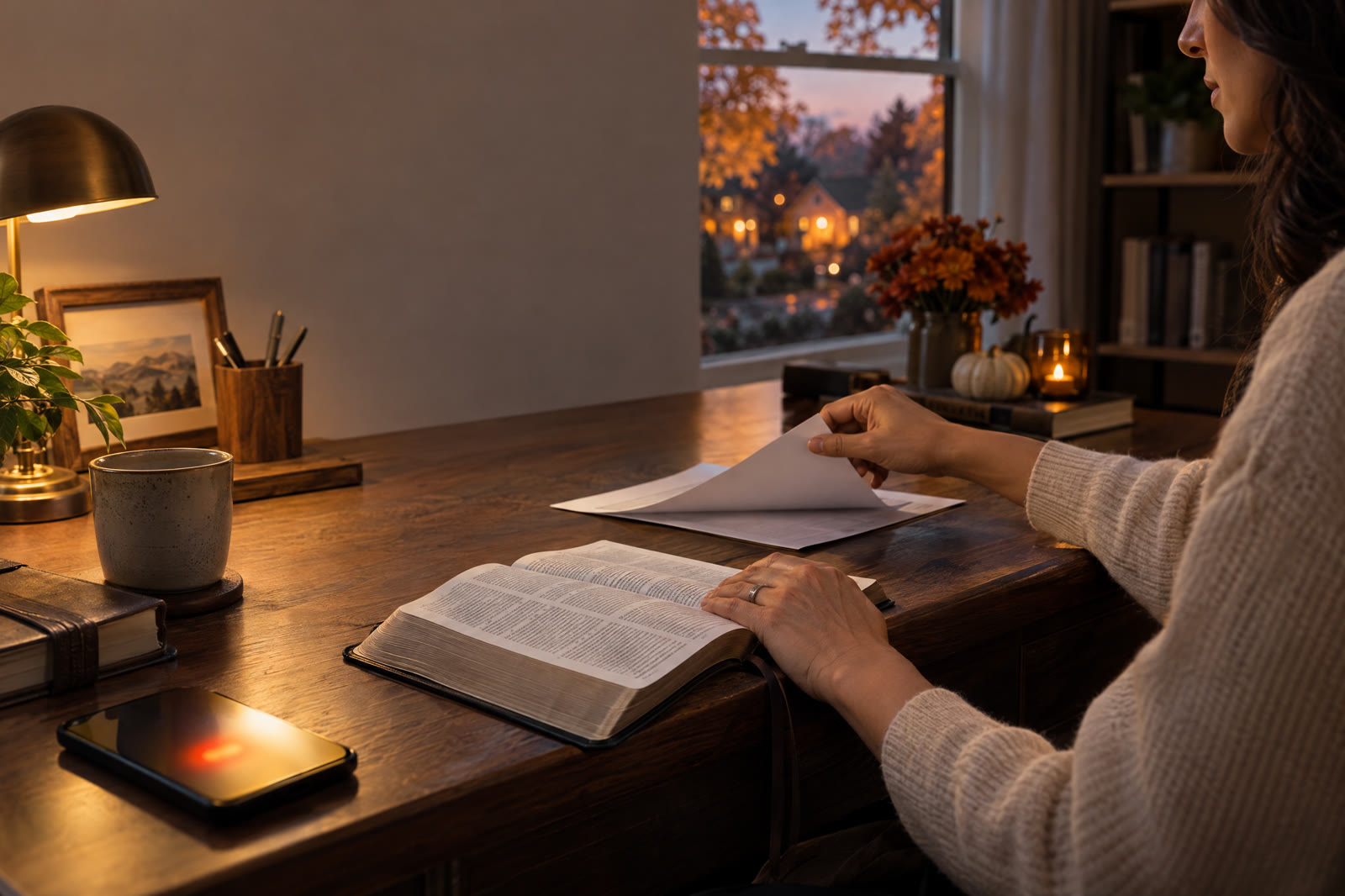 A woman sits at a desk with an open Bible, turning over an unsigned paper as warm fall lights glow outside the window.