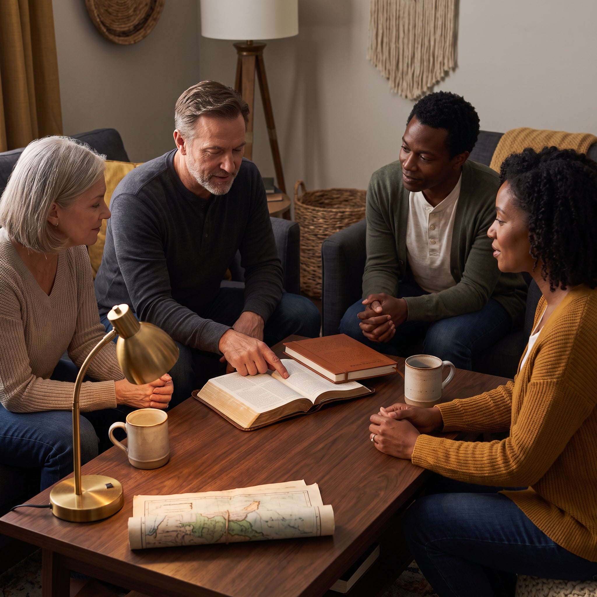 Small Bible study group reading Scripture together