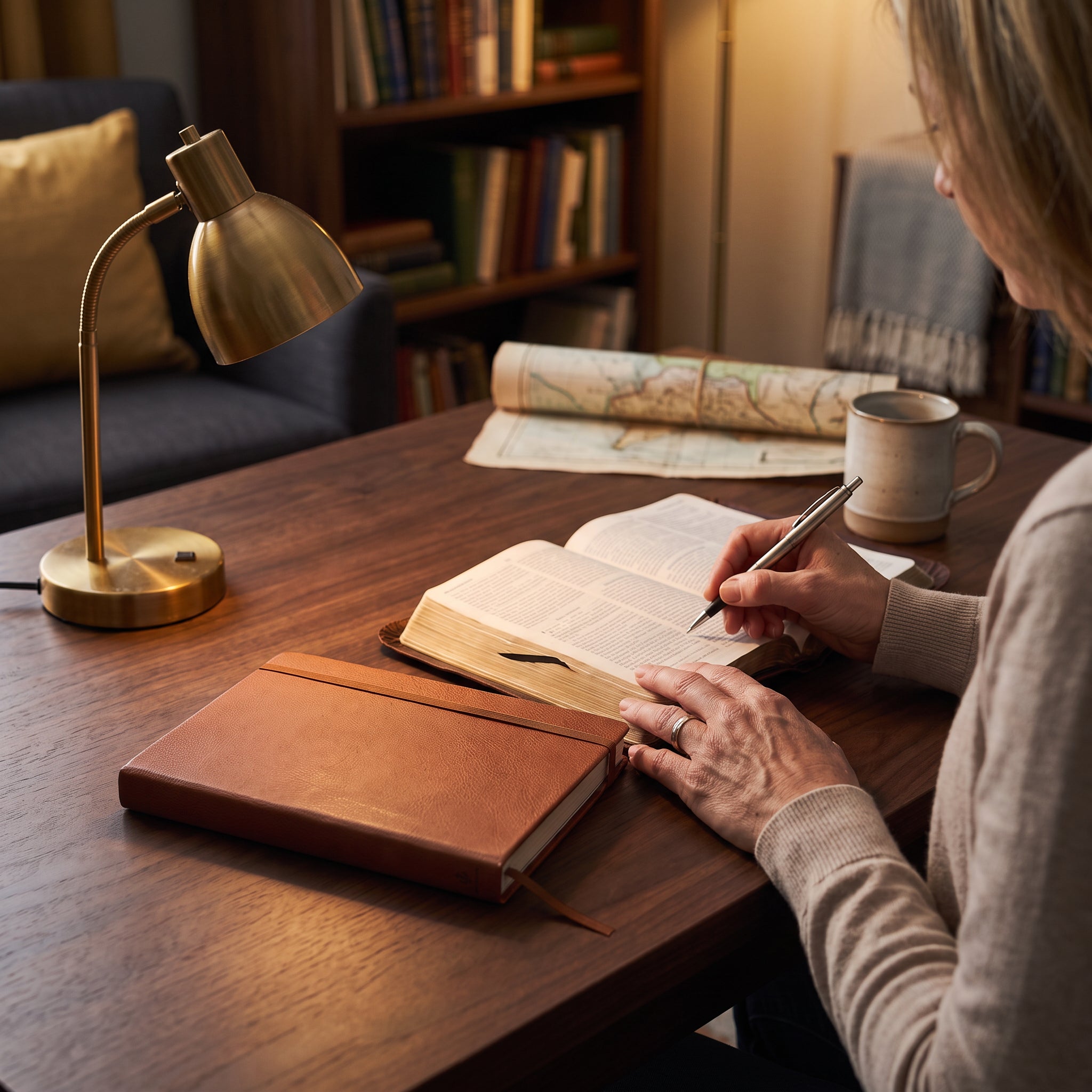 Woman studying the Bible with a guide